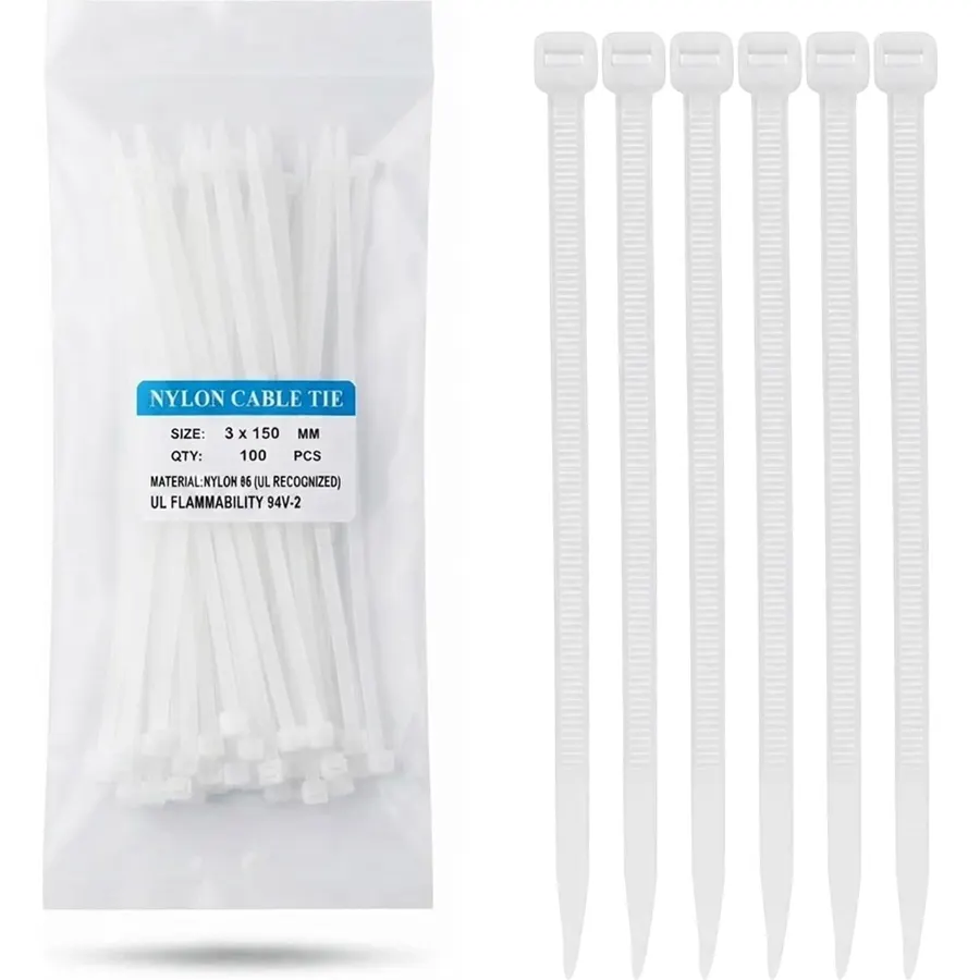 100 Pack Nylon Cable Ties, 3 x 150mm, Self-Locking Zip Ties, White