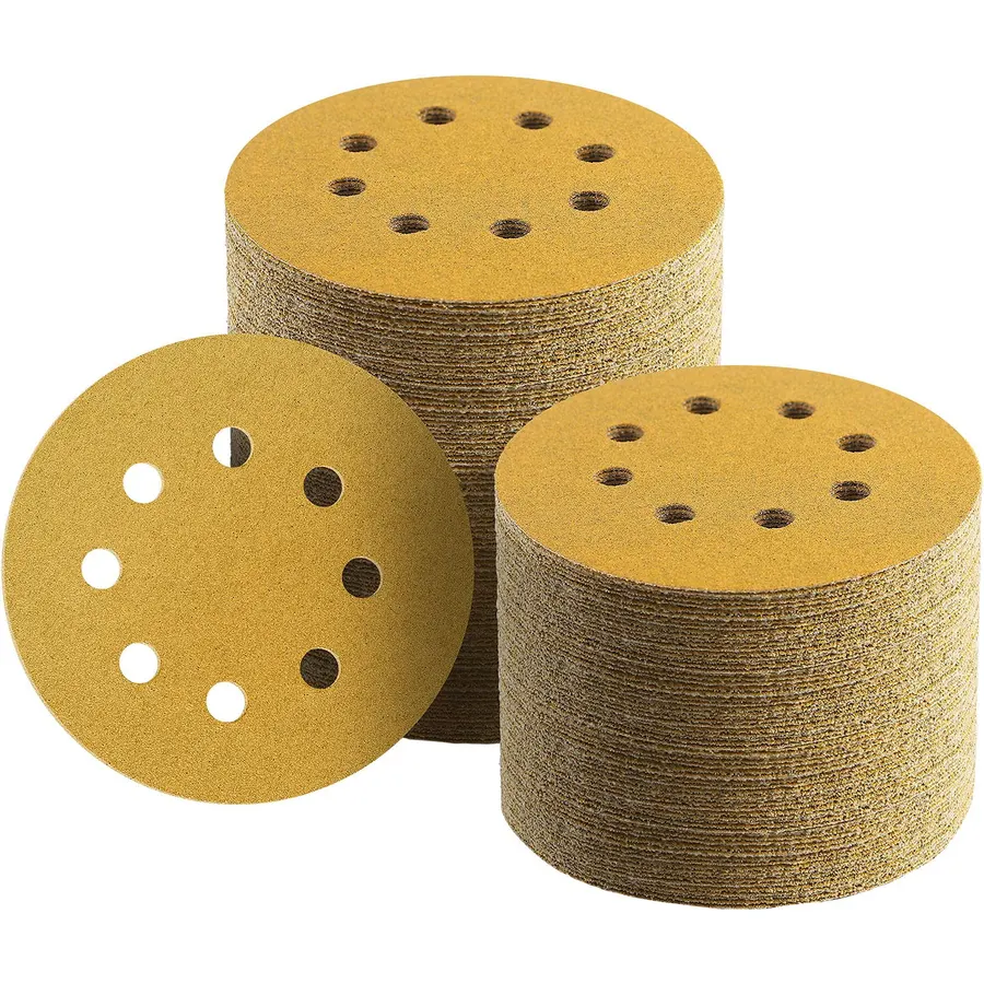 100 Pcs 5 Inch Sanding Discs Hook and Loop, 120 Grit Sandpaper for Woodworking or Automotive, 8 Hole Gold Premium Dustless Random Orbit Sandpaper