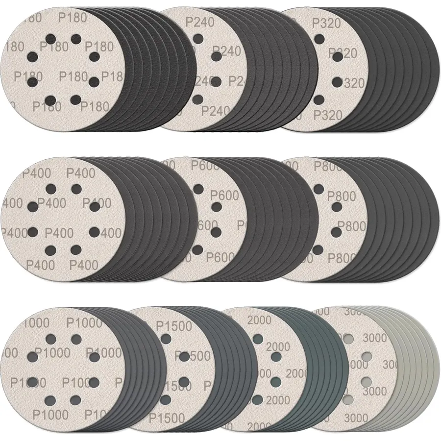 100Pcs 5 Inch Sanding Discs Hook & Loop 8-Hole Wet Dry Sandpaper Assortment