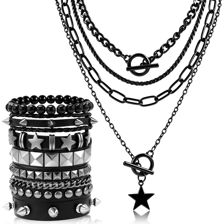 10Pcs Punk Jewelry Set,4 Layered Necklaces and 6 Bracelets for Women Men