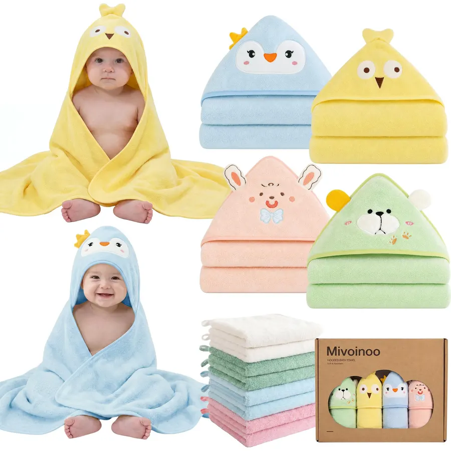 12 Pack Hooded Baby Bath Towel Set,4 Towels and 8 Washcloths
