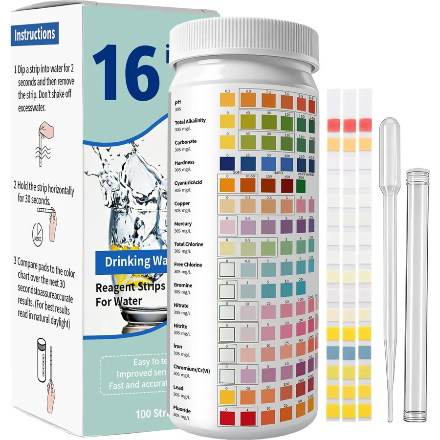 16-in-1 Universal Test Strips - 100pcs Reliable pH Testing Strips Kit for Liquid Testing, Quick Get Highly Accurate Results in Seconds, Drinking Water, Aquarium, Pool, Hot Tub, Spa