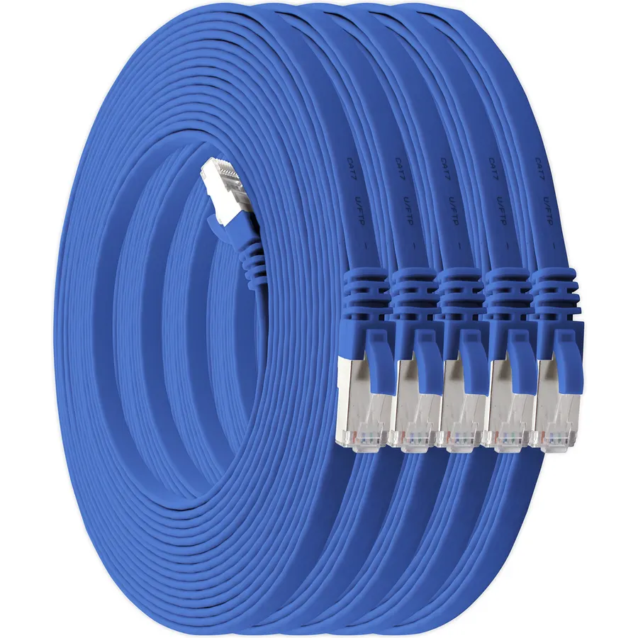 1aTTack.de 10m - Blue - 5 Pieces CAT.7 Ethernet Gigabit LAN Cable (HIGH Speed Flat Networkcable) 600 MHz, 10000 Mbit/s, Slim, patchkabel (compatibel with CAT5 CAT5e CAT6 CAT6a Cat8) Ribbon