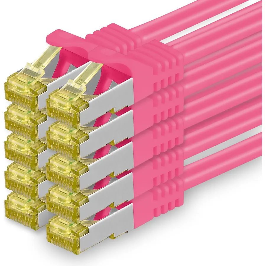1aTTack.de Cat.7 Patch Cable Set S/FTP (PiMF) Ethernet LAN Network Cables 10 Gigabit/s High Speed 600 MHz with Locking Protection Halogen-Free (LSZH) Magenta - 10 Pieces 1m