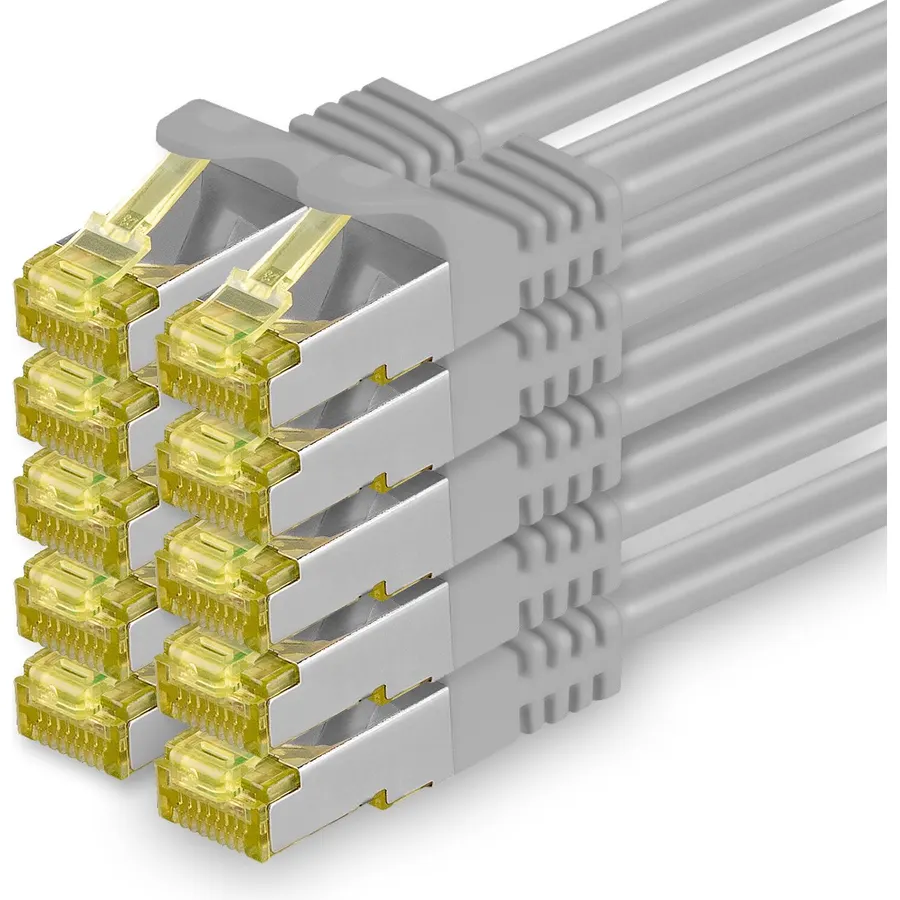 1aTTack.de Cat.7 Patch Cable Set S/FTP (PiMF) Ethernet LAN Network Cables 10 Gigabit/s High Speed 600 MHz with Locking Protection Halogen-Free (LSZH) Grey - 10 Pieces 10m