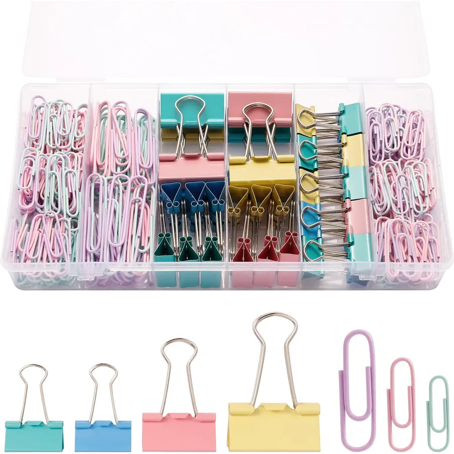 310PCS Colored Paper Clips and Binder Clips Set, Assorted Sizes Binder Clips with Paper Clips Large Medium Small, Office Supplies Stationery Kit for Home School Classroom Organization