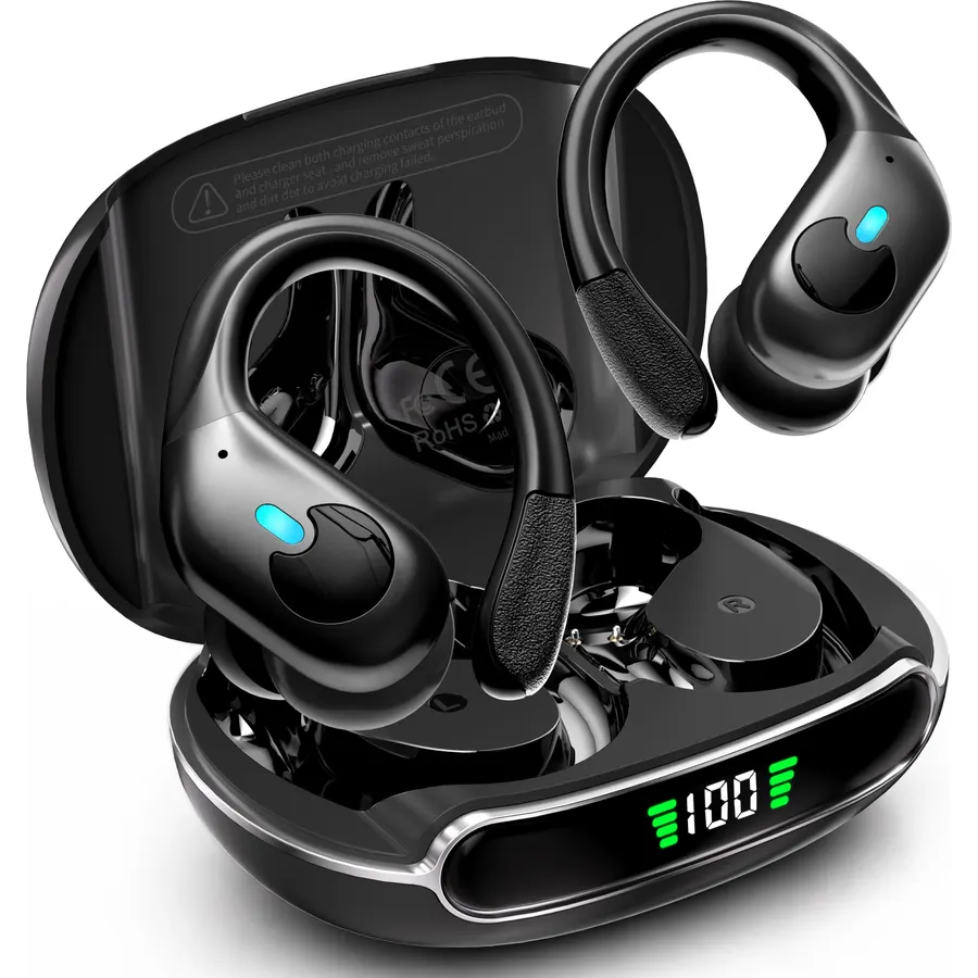 Active Noise Cancelling Ear Buds Wireless Earbuds 90H Playtime Bluetooth Headphones Stereo Bass Over-Ear Hooks Earphones with Power Display Case IPX7 Waterproof
