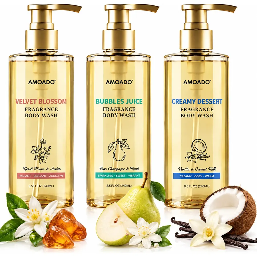 AMOADO Women's Fragrance Body Wash Set, 3 Pack Luxury Scented Body Wash Gift Set for Her, Moisturizing Spa Shower Gel Trio Collection Body Cleanser for Women