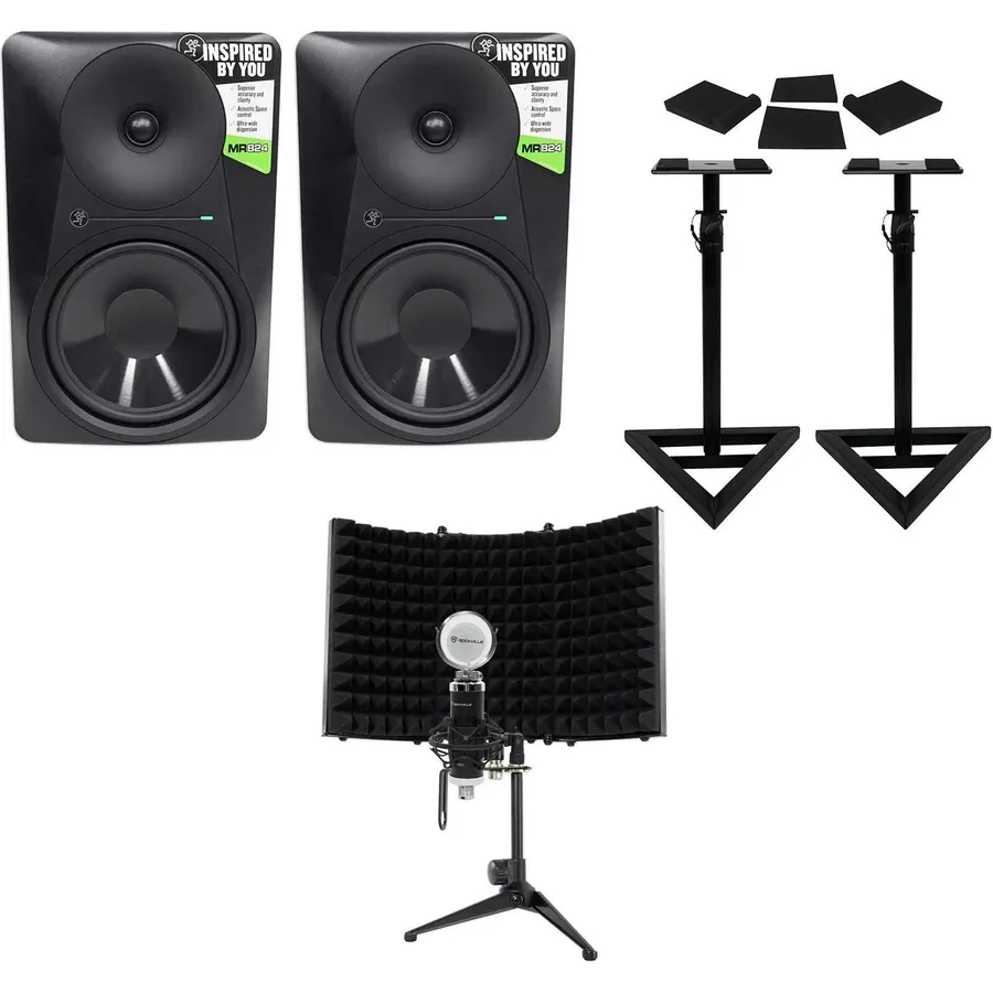 Audiosavings Bundle: (2) 8 Inch 170W Powered Studio Monitors Bundle with (2) Rockville Adjustable Stands + Foam Pads + Condenser Mic w/Metal Shock Mount + RockShield 1 Isolation Shield (8 Items)