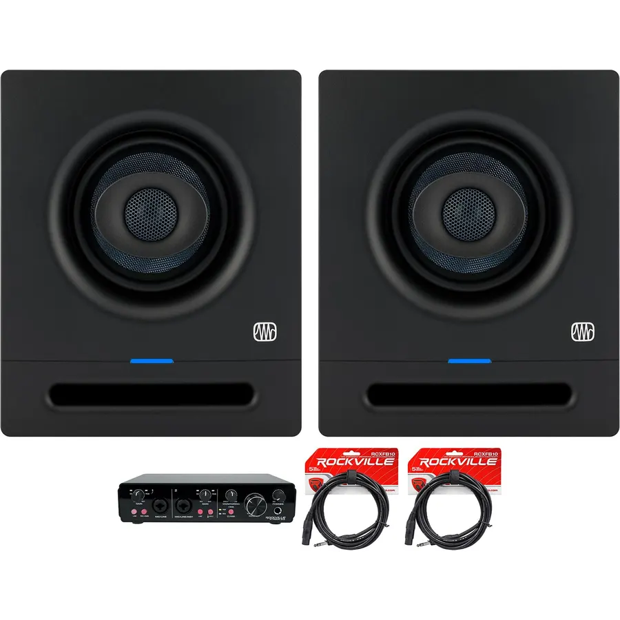 Audiosavings Bundle: (2) Presonus Eris Pro 4 Powered Studio Monitor Speaker Bundle with (1) Rockville R-Track Computer Recording Interface & (2) Rockville RCXFB10B 10' Female XLR to 1/4'' TRS Cable