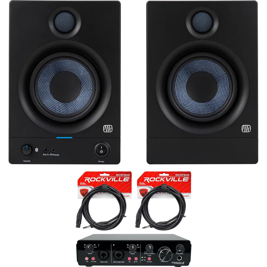 Audiosavings Bundle: (1) Pair Presonus Eris 5BT 2nd Gen 5" Studio Monitors Speakers Bundle with (2) Rockville RCXFB10B 10' Cable & (1) Rockville R-Track 2x2 USB Computer Recording Interface (5 Items)