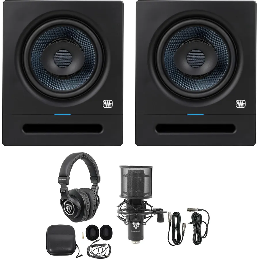 Audiosavings Bundle: (2) Presonus Eris Pro 8" Active Coaxial 2-Way Studio Monitor Speaker Bundle with (1) Rockville PRO-M50 Studio Headphones & (1) Rockville RCM PRO Recording Microphone (4 Items)