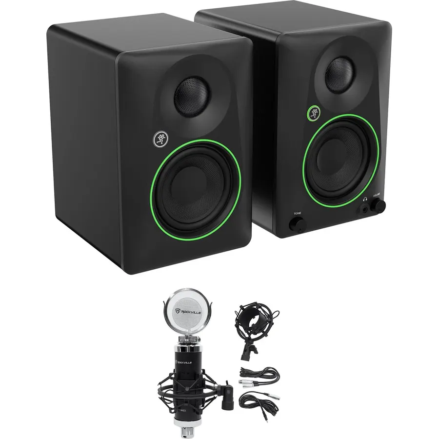 Audiosavings Bundle: Pair of Mackie CR3.5 3.5" Powered Studio Monitors with Tone Control Bundle with Rockville RCM03 Pro Studio Recording Condenser Microphone with a Metal Shock Mount (2 Items)