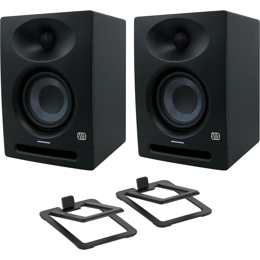 Audiosavings Bundle: (2) Eris Studio 4 Powered Active 4.5" Studio Monitor Speaker w/EBM Waveguide Bundle with Pair Rockville SR3 Low Profile Speaker Riser Stands (3 Items)