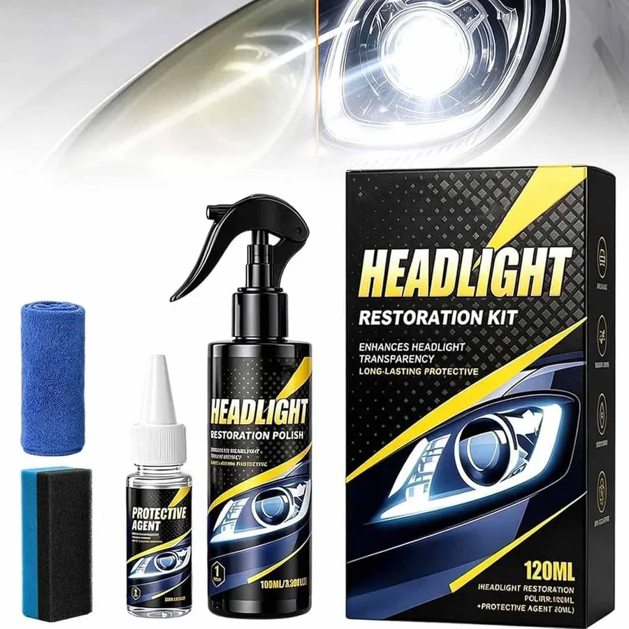 Automotive Headlamp Restoration Fluid Kit, 2026 Car Headlight Restoration Kit Restores Clouded, Upgrade Car Headlight Cleaner and Restorer Kit, Enhanced Hydrophobic Coating for Superior Gloss, 1 Sets
