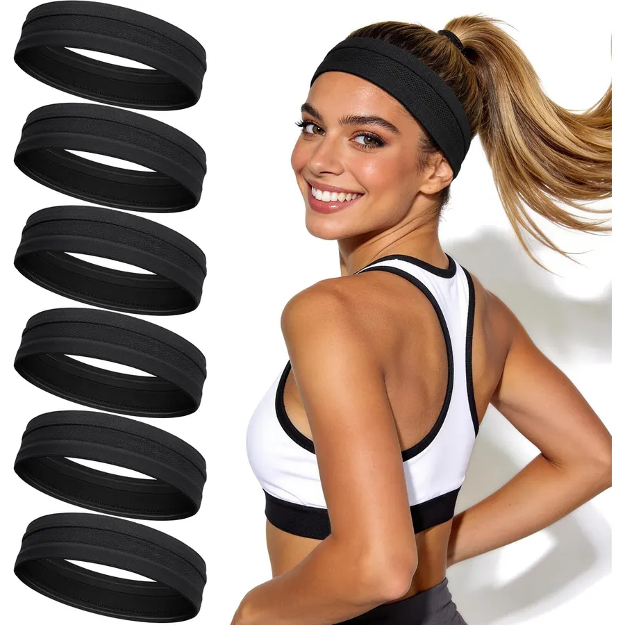 Awumbuk 6 Pack Sweat Headbands for Women, Non Slip Workout Headbands with Silicone Grip, Moisture Wicking Athletic Headband for Running, Yoga, Gym, Hiking, Gardening & Daily Activities