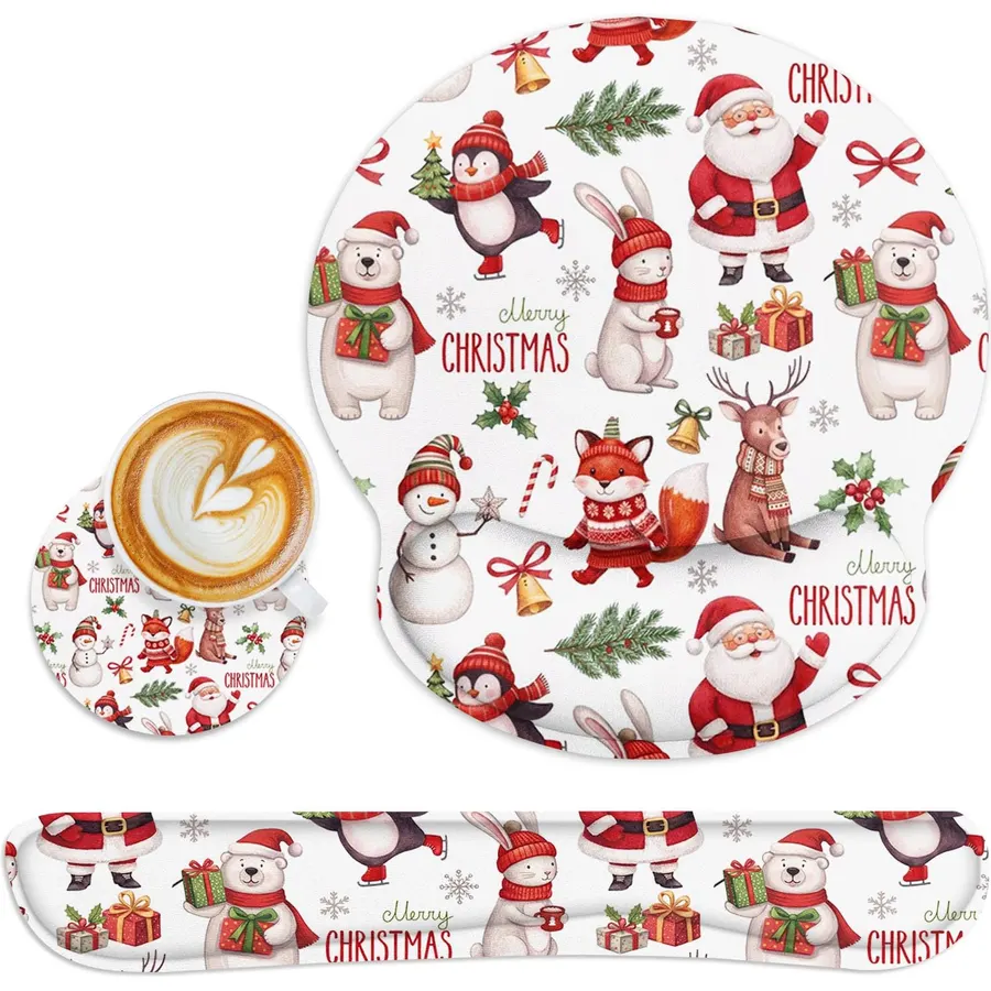 Britimes Ergonomic Mouse Pad Set with Wrist Rest, Christmas Animals Santa