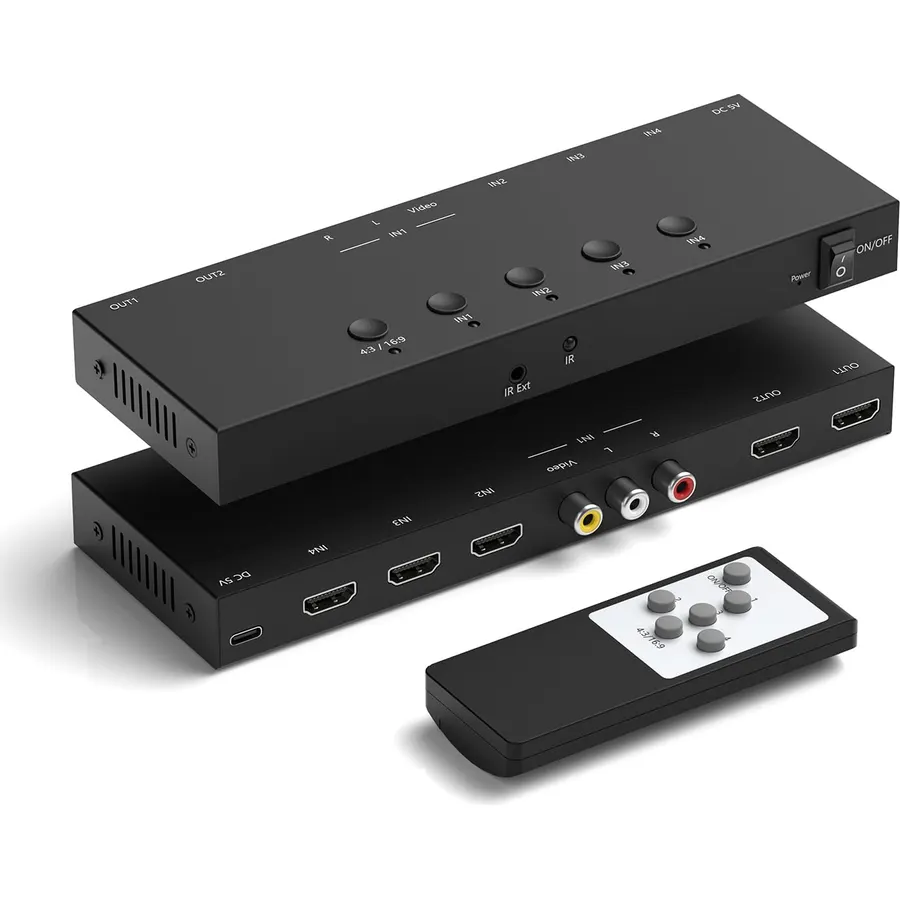 Dingsun 4In-4Out Converter, 3 Way HDMI 2.0 + RCA to 2 Way HDMI Converter for Fire Stick, Roku, N64, Wii, PS2/3/4/5, Xbox, Switch