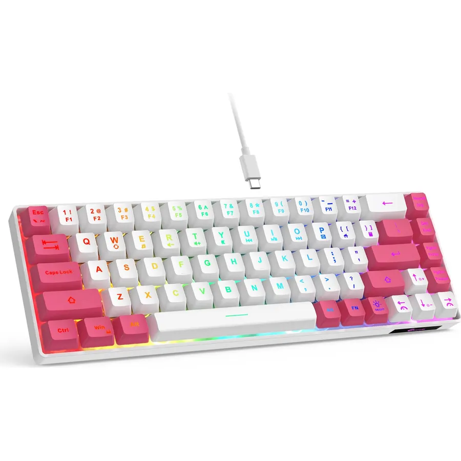GEODMAER 65% Gaming Keyboard, LED Backlit Mini Wired Keyboard, Ultra-Compact Anti-Ghosting No-Conflict 68 Keys Membrane Gaming Wired Keyboard for PC Laptop Windows Gamer(White-Pink)