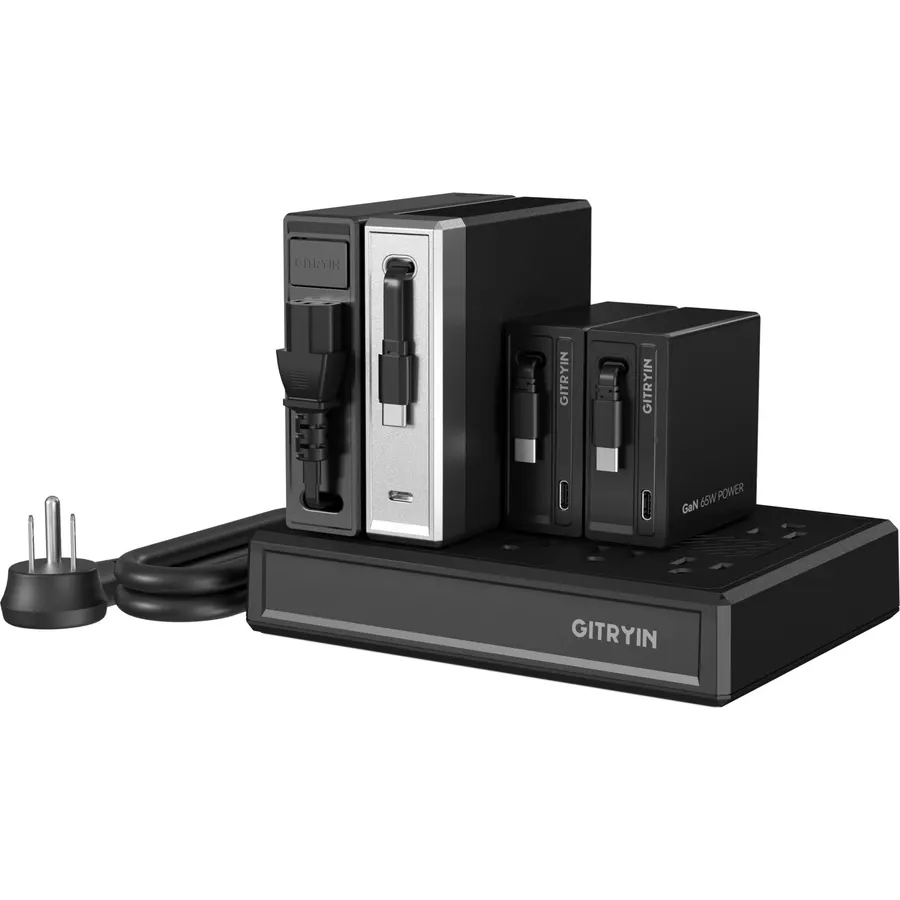 Gitryin 10-in-1 Airflow Cooling Power Strip with 1 140W and 2 65W GaN Retractable USB-C Laptop Chargers Plus C13 AC Power Cord, Triple-Laptop Desktop Charging Station, Black