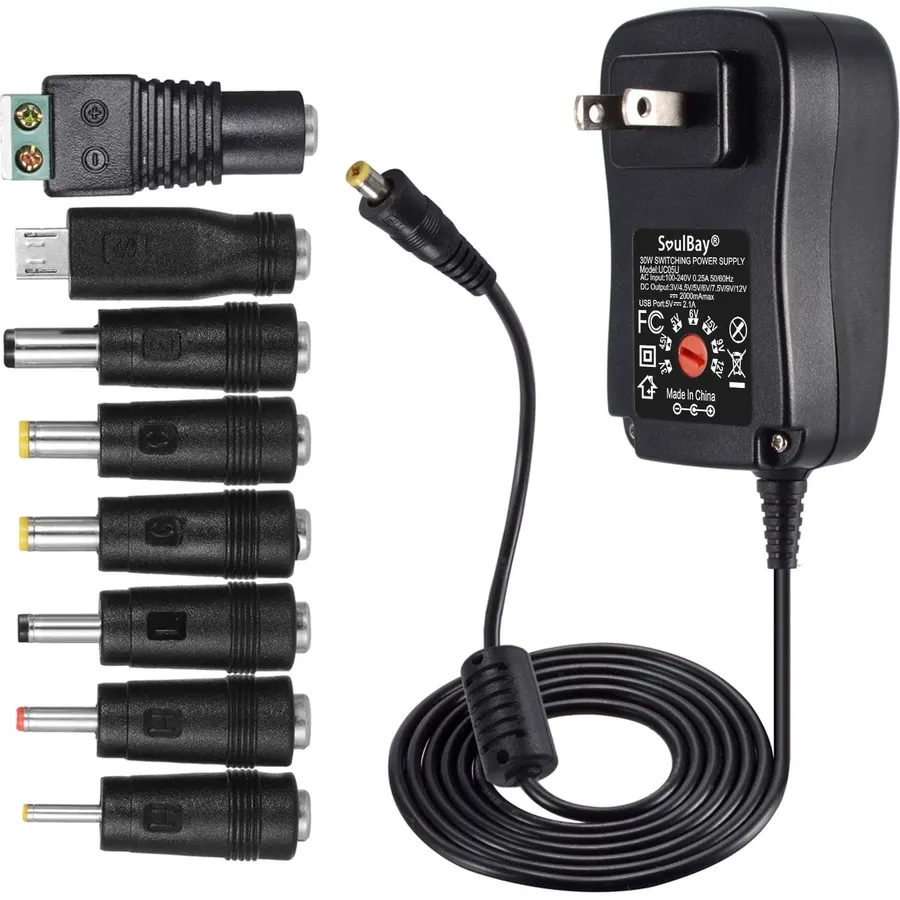 SoulBay 12V Power Supply Universal AC DC Adapter Charger with Adjustable Output 5V 9V 3V 6V 4.5V 7.5V 12 Volt 1A 1.5A 2A for LED Strip Light CCTV Camera BT Speaker GPS Webcam Router, 5 FT Cord, 30W