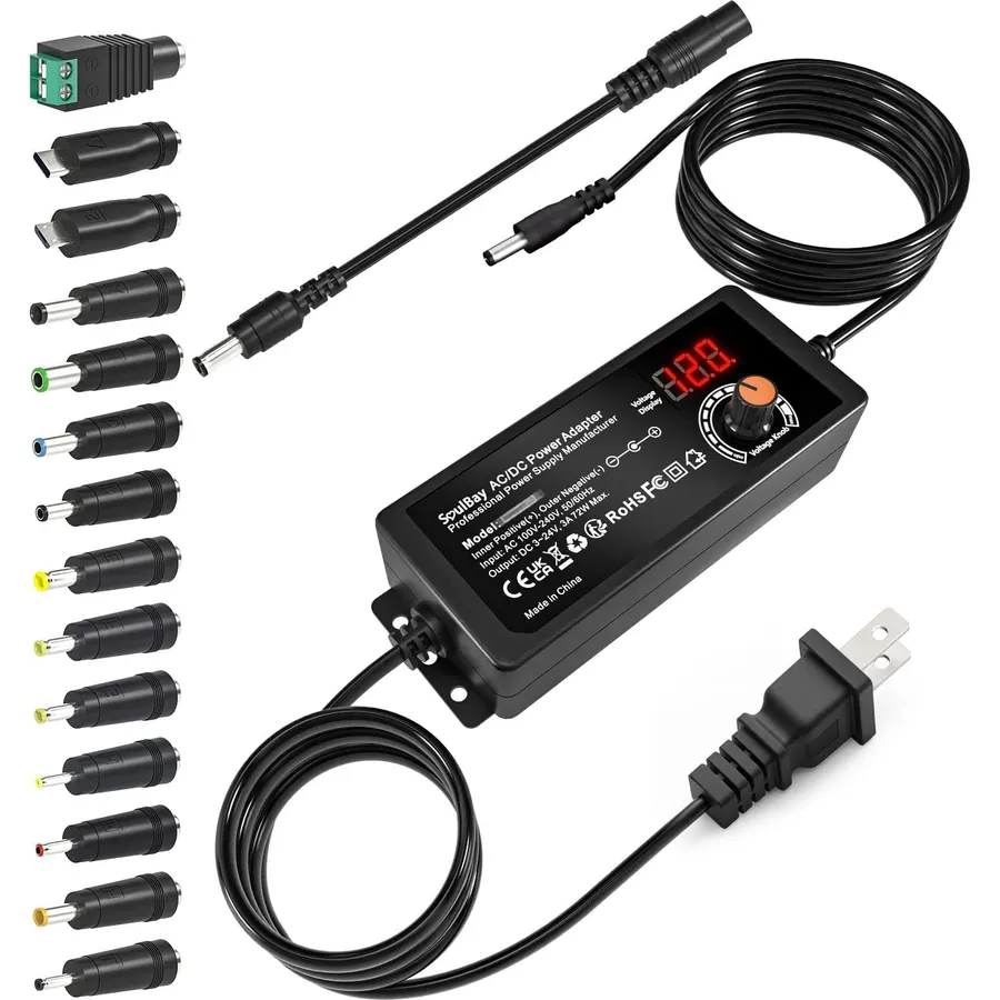 SoulBay 72W Universal Power Supply, 3V-24V 3A, Volt Display, 14 Tips